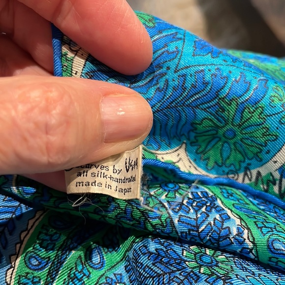 vera neumann Accessories - Vintage Vera  Hand Rolled Silk Blue Green 30x30" 60's Japan signed ladybug